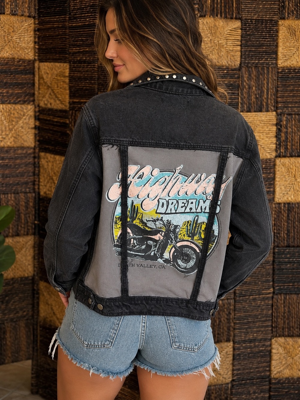 Upcycled Highway Dreams Forever 21 Black Denim Jacket with Graphic Back Panel
